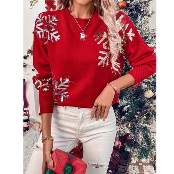 Red Long Sweater Sequin Snowflake Appliqué Round Neck, Knit Pullover - Picture 4 of 8